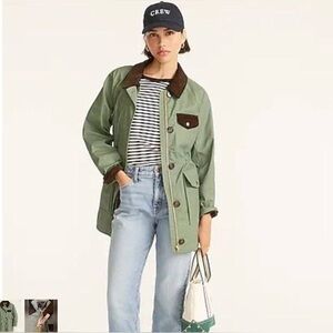 J Crew Classic Field Jacket Corduroy Trim Light Green Utility Coated Coat SMALL